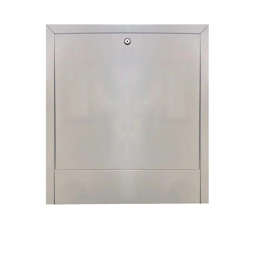 Verteilerschrank mit glatter Oberfläche und zentralem Sichtfenster. Geeignet für Heizkreise. Möglicherweise von der Marke Danfoss.